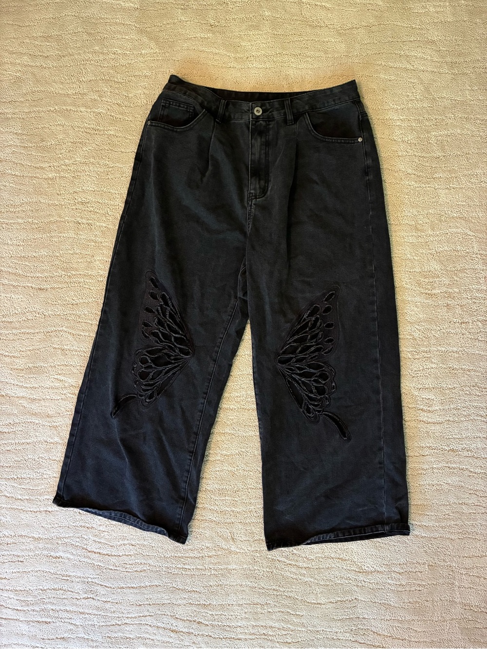 Cider 0XL Black Denim Wide Leg Butterfly Cut Out Grunge, Skater, Y2K, Jeans
